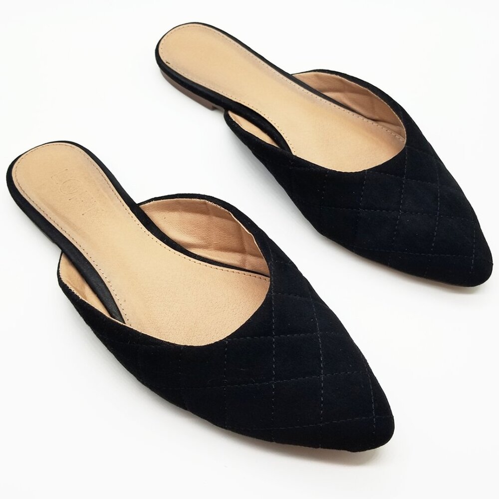 Loft Women's 6.5 M Mule Flat Shoes Black Quilted Pointed Toe Slip On Faux Suede